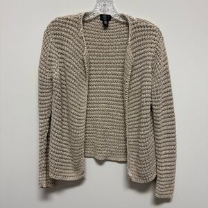 Sigrid Olsen Silk Blend Open Front Crochet Knit Cardigan Size M Oatmeal Metallic